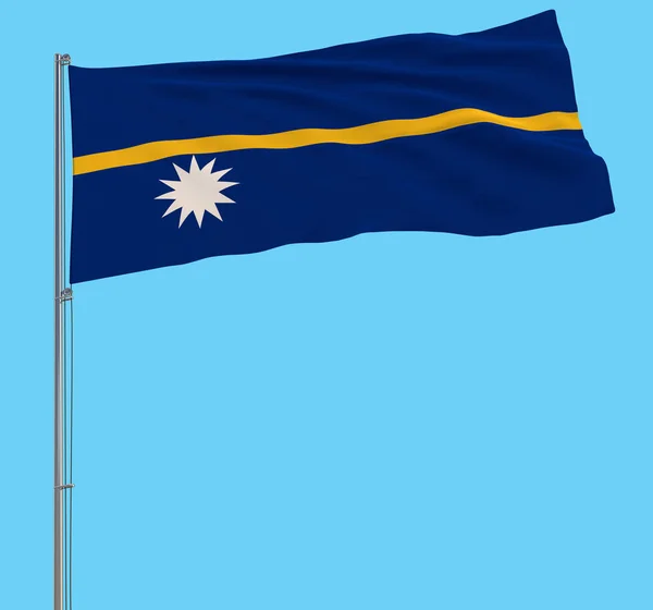 Aislar la bandera de Nauru en un asta de la bandera ondeando en el viento sobre un fondo azul, 3d representación . —  Fotos de Stock