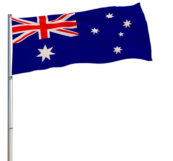Isolar a bandeira da Austrália em um mastro de bandeira que flutua no vento em um fundo branco, renderização 3d . — Fotografia de Stock