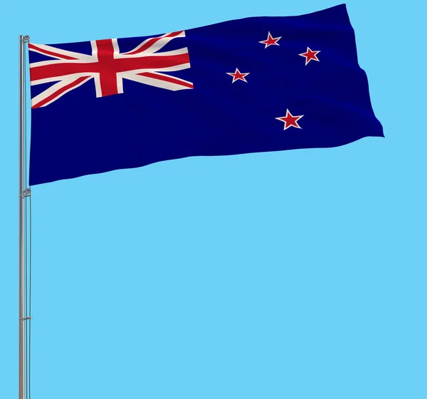 Isolar a bandeira da Nova Zelândia em um mastro de bandeira que flutua no vento em um fundo azul, renderização 3d . — Fotografia de Stock