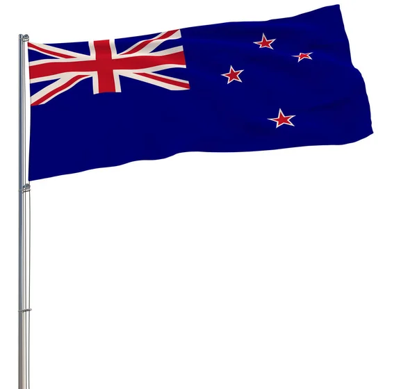 Isolate flag of New Zealand on a flagpole fluttering in the wind on a white background, 3d rendering. — ストック写真