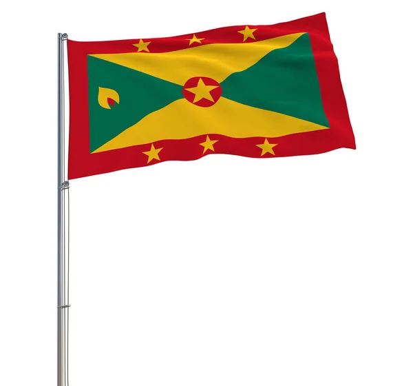 Απομονώσετε σημαία της Γρενάδας σχετικά με ένα κοντάρι σημαίας που κυματίζει στον αέρα σε λευκό φόντο, 3d rendering. — Φωτογραφία Αρχείου