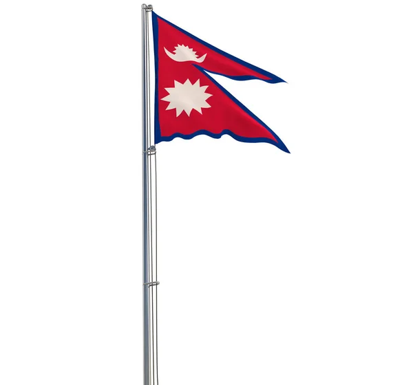 Saydam bir arka plan, 3d render rüzgarla içinde çırpınan bir bayrak direğine üzerine Nepal kumaş izole. — Stok fotoğraf