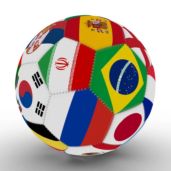 Ein Fußball mit der Farbe der Flaggen der an der Fußballweltmeisterschaft teilnehmenden Länder, mitten in Iran, Brasilien und Russland, 3D-Darstellung — Stockfoto