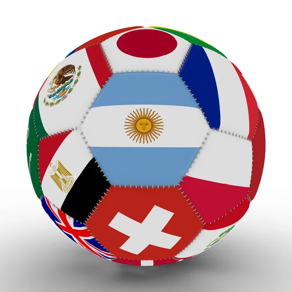 サッカー、アルゼンチンの真ん中に 3 d レンダリングでワールド カップ出場国の色国旗とサッカー ボール — ストック写真