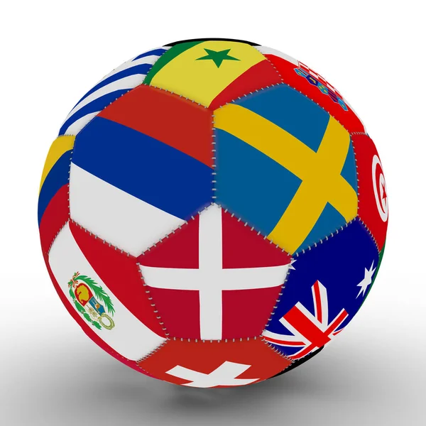 Футбольный мяч с цветом флагов стран-участниц чемпионата мира по футболу, в центре России, Швеции и Дании, 3D рендеринг — стоковое фото