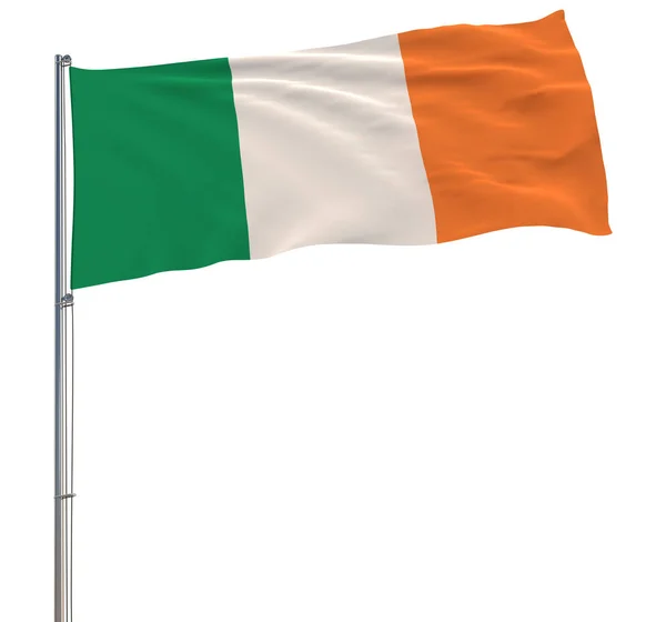 孤立爱尔兰国旗在一个白色的背景, 在风飘扬的旗杆, 3d 渲染. — 图库照片