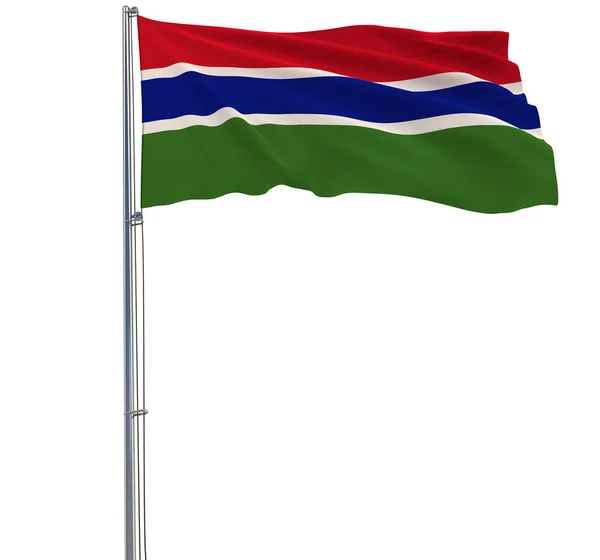 Isolera Gambia flagga på en flaggstång som fladdrar i vinden på en vit bakgrund, 3d-rendering. — Stockfoto