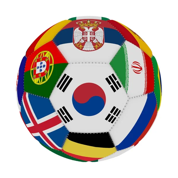 Futball-labda, a színes a világ, a labdarúgás, a középső Dél-Koreában, a 3d rendering részt vevő országok zászlói. — Stock Fotó