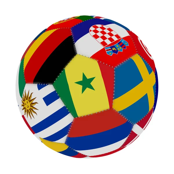Voetbal met de kleur van de vlaggen van de landen die deelnemen aan de wereld op voetbal, in de middelste Senegal en Rusland, 3D-rendering. — Stockfoto