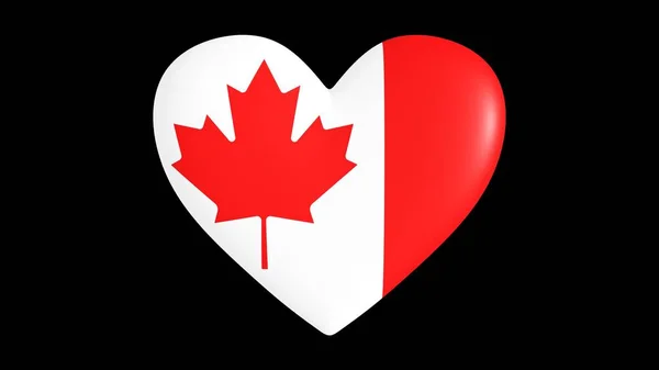 Herz in den Farben der kanadischen Flagge, auf schwarzem Hintergrund, 3D-Darstellung. — Stockfoto