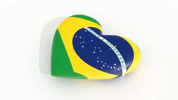 Coeur aux couleurs du drapeau du Brésil, sur fond blanc, rendu 3d . — Photo
