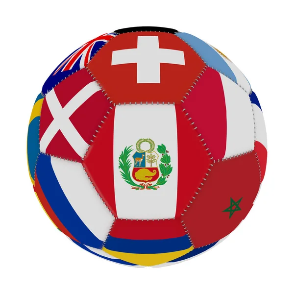 Fußball mit der farbe der flaggen der länder, die an der weltmeisterschaft des fußballs teilnehmen, in der mitte peru, 3D-wiedergabe. — Stockfoto