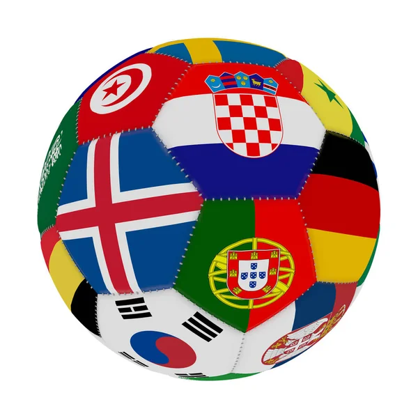 Futbol topu futbol, orta İzlanda, Hırvatistan ve Portekiz, 3d render dünyada katılan ülkelerin bayrakları renk ile. — Stok fotoğraf