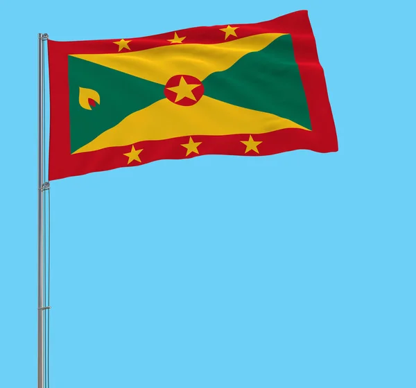 Isolare grande panno di Grenada su un pennone svolazzante nel vento su uno sfondo blu, rendering 3d . — Foto Stock