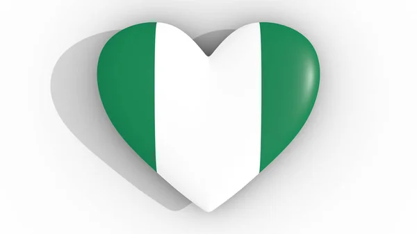 Heart in the colors of Nigeria flag, on a white background, 3d rendering top. — Stock Photo, Image