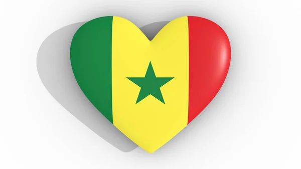 Srdce v barvách vlajka Senegalu, na bílém pozadí, 3d vykreslování shora. — Stock fotografie