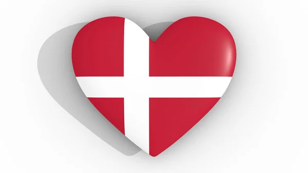 Danimarka bayrağı, beyaz bir arka plan, 3d render üst renklerde kalp. — Stok fotoğraf