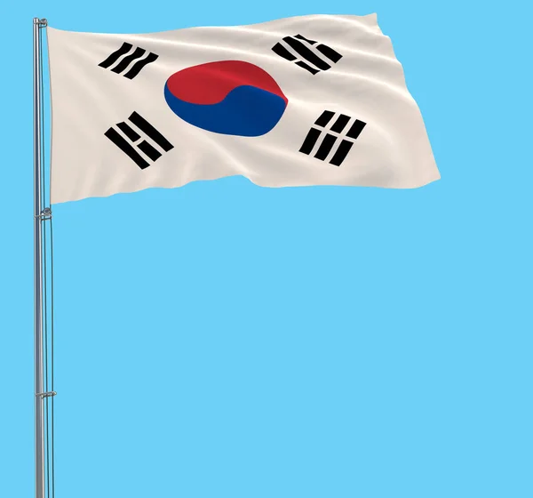 Bandera de Corea del Sur en el asta de la bandera ondeando en el viento sobre fondo azul, 3d renderizado . —  Fotos de Stock