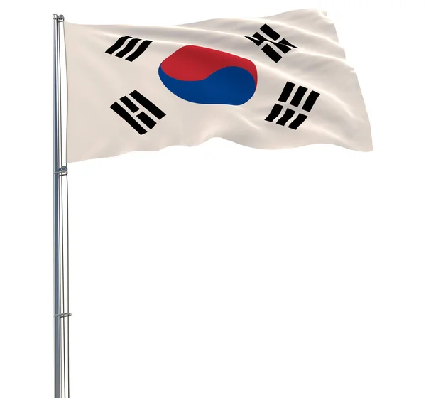 Vlag van Zuid-Korea op de vlaggenmast wapperen in de wind op een witte achtergrond, 3D-rendering. — Stockfoto