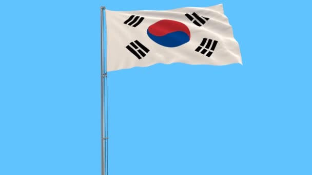Flag of South Korea on the flagpole fluttering in the wind on pure blue background, 3d rendering