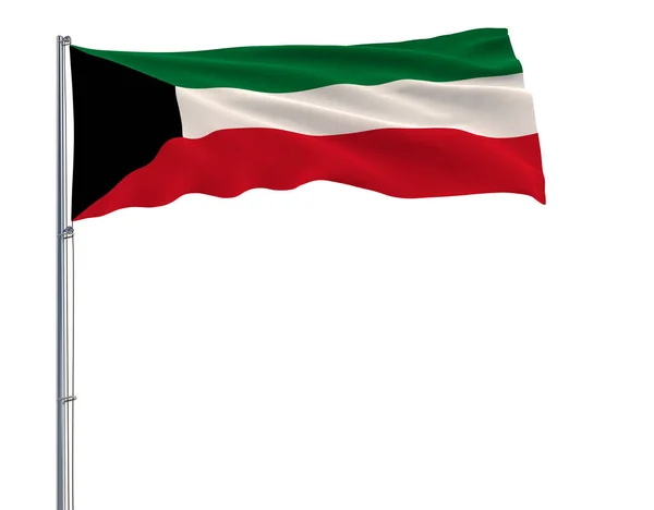 Bandera de Kuwait en el asta de la bandera ondeando en el viento sobre fondo blanco, representación 3d . — Foto de Stock