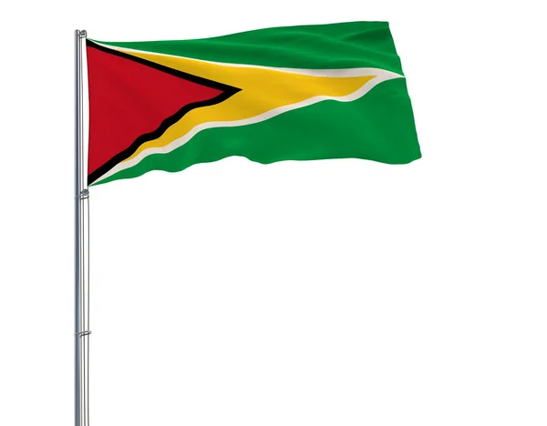 Bandera de Guyana en el asta de la bandera ondeando en el viento sobre fondo blanco, representación 3d . —  Fotos de Stock