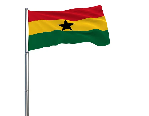 A zászlórúd, csapkodott a szélben, fehér háttér, 3d rendering a Ghána zászlaja. — Stock Fotó