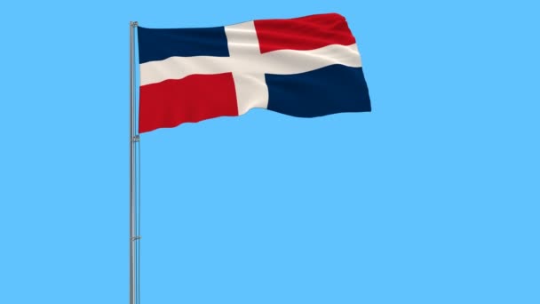 Dominikanische Flagge Fahnenmast Flattert Wind Auf Reinblauem Hintergrund Darstellung — Stockvideo