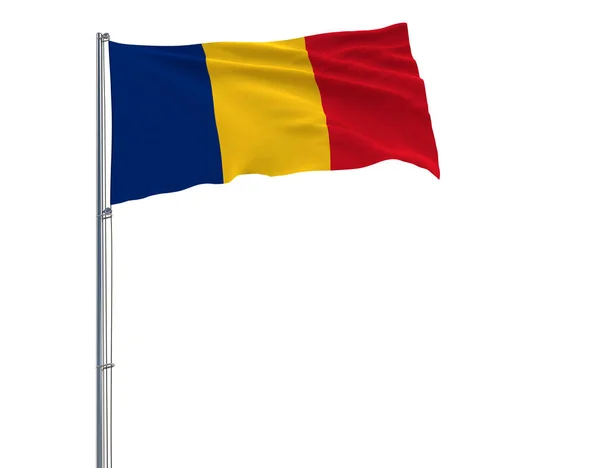 Bandera de Rumania en el asta de la bandera ondeando en el viento sobre un fondo blanco, representación 3d . — Foto de Stock