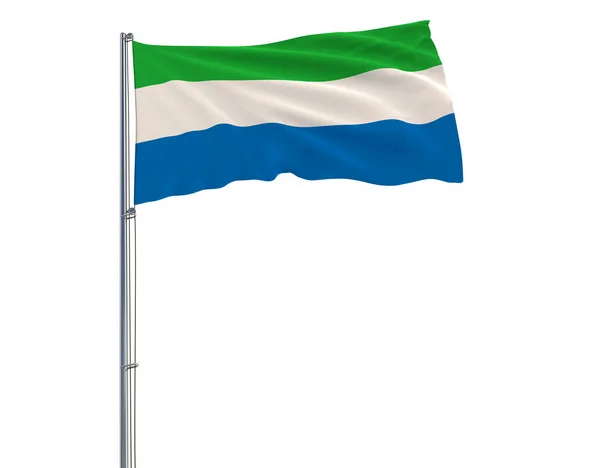 Флаг Сьерра-Леоне на флагштоке, развевающемся на ветру на белом фоне, 3D рендеринг . — стоковое фото