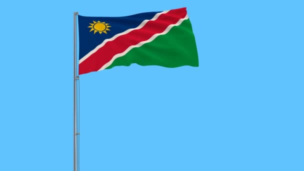 Namibia Flagge Fahnenmast Flattert Wind Auf Reinblauem Hintergrund Darstellung — Stockvideo