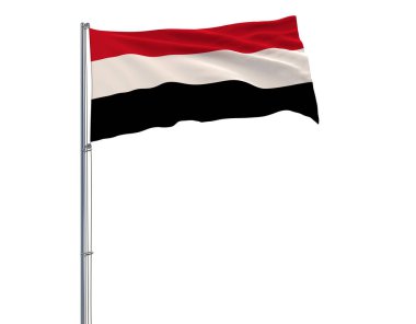 Beyaz bir arka planda 3d render rüzgarda çırpınan bayrak direğine Yemen bayrağı.