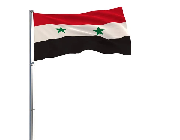 A zászlórúd, csapkodott a szélben, egy fehér háttér, 3d rendering a Szíria zászlaja. — Stock Fotó