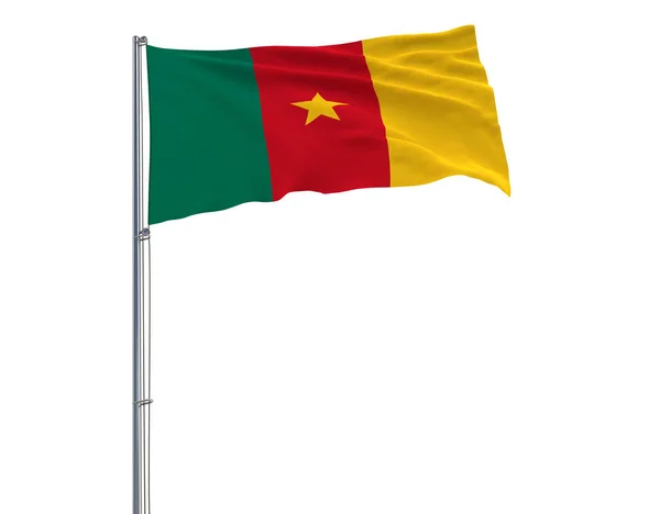 Vlajka Kamerunu na stožáru vlaje ve větru na bílém pozadí, 3d vykreslování. — Stock fotografie