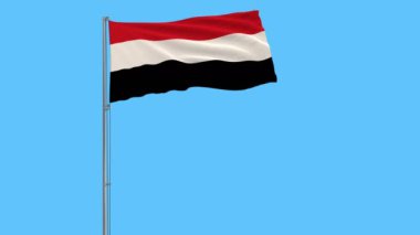 Saf mavi arka plan, 3d render rüzgarla içinde çırpınan bayrak direğine Yemen bayrağı