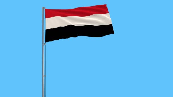 Flag Yemen Flagpole Fluttering Wind Pure Blue Background Rendering — Stock Video