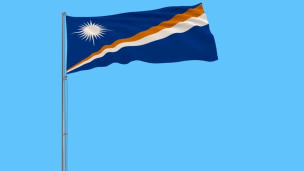 Flag Marshall Islands Flagpole Fluttering Wind Pure Blue Background Rendering — Stock Video