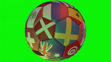Devlet bayrakları futbol topuyla bir yeşil hromakey arka plan, 3d render, döngü döndürür