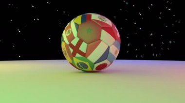 Fireworks beyaz yüzeyinde, 3d render, dönen 2018 Dünya Kupası katılımcı bayrakları taşıyan futbol üzerinde döngü