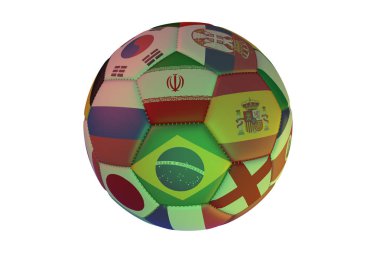 İzole gerçekçi futbol Dünya Kupası 2018 yılında İspanya Merkezi katılan ülkeler Brezilya, Iran, İngiltere, Rusya ve Japonya, 3d render bayrakları taşıyan.