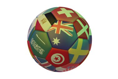 İzole gerçekçi futbol Dünya Kupası 2018, Avustralya, İsviçre, Danimarka, İsveç, Tunus, Suudi Arabistan ve Mısır, 3d işleme merkezi katılan ülkelerin bayrakları ile.