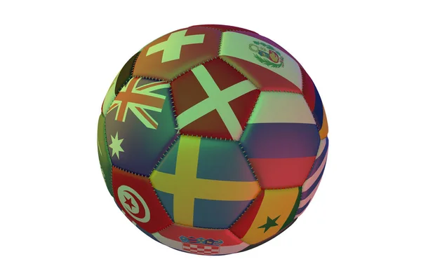 Isolerade realistisk fotboll med flaggor i länder som deltar i den VM 2018, i mellersta Sverige, Danmark, Australien och Ryssland, 3d-rendering. — Stockfoto