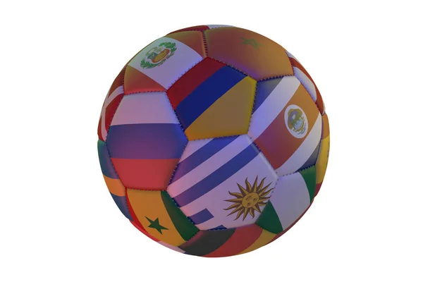 Na białym tle piłka nożna realistyczne z flagami państw uczestniczących w 2018 r. Puchar świata, w centrum Kolumbia, Urugwaj, Costa Rica, Senegal i Rosji, renderowania 3d. — Zdjęcie stockowe