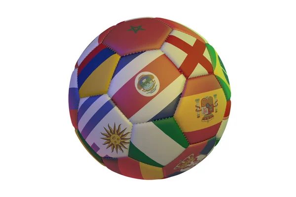 Isolierte realistische Fußball mit Flaggen der teilnehmenden Länder an der Weltmeisterschaft 2018, im Zentrum von Costa Rica, England, Spanien, Nigeria, Uruguay, Kolumbien und Marokko, 3D-Darstellung. — Stockfoto