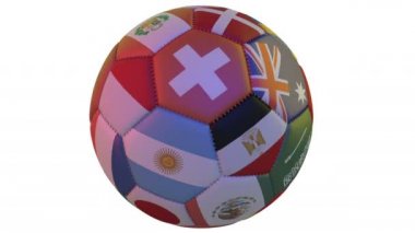 Futbol topu 2018 devlet bayraklı bir saf beyaz arka plan, 3d render, döngü döndürür