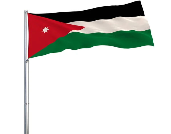 Bandera de Jordania en el asta de la bandera ondeando en el viento sobre un fondo blanco, representación 3d , — Foto de Stock