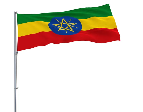 Vlag van Ethiopië op de vlaggenmast wapperen in de wind op een witte achtergrond, 3D-rendering. — Stockfoto