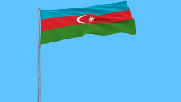 Flag Azerbaijan Flagpole Fluttering Wind Pure Blue Background Rendering — Stock Video