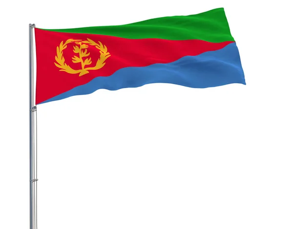 Σημαία της Ερυθραίας σχετικά με το κοντάρι σημαίας που κυματίζει στον αέρα σε λευκό φόντο, 3d rendering. — Φωτογραφία Αρχείου
