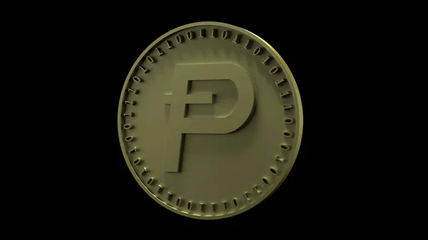 Gold coin with the symbol of Potcoin digital crypto currency and binary code stands on the edge, isolated on a black background, 3d rendering. — Stock Photo, Image